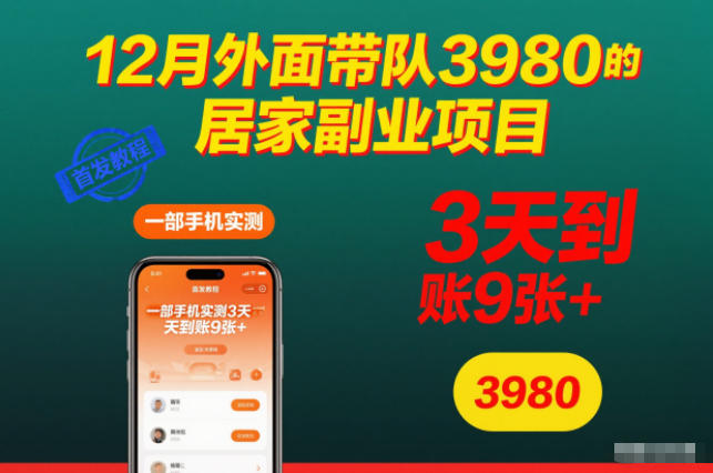 12月外面带队3980的居家副业项目，一部手机实测3天到账9张+，首发教程-网创猫