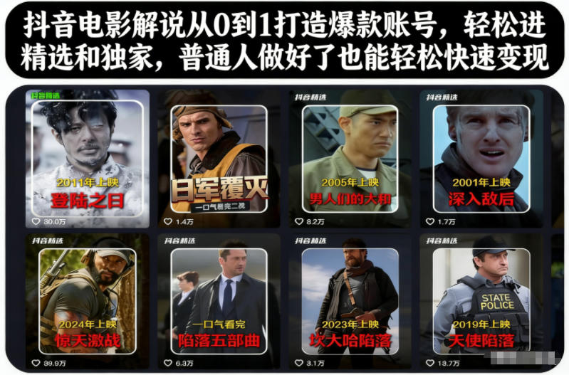 抖音电影解说从0到1打造爆款账号，轻松进精选和独家，普通人做好了也能轻松快速变现-网创猫