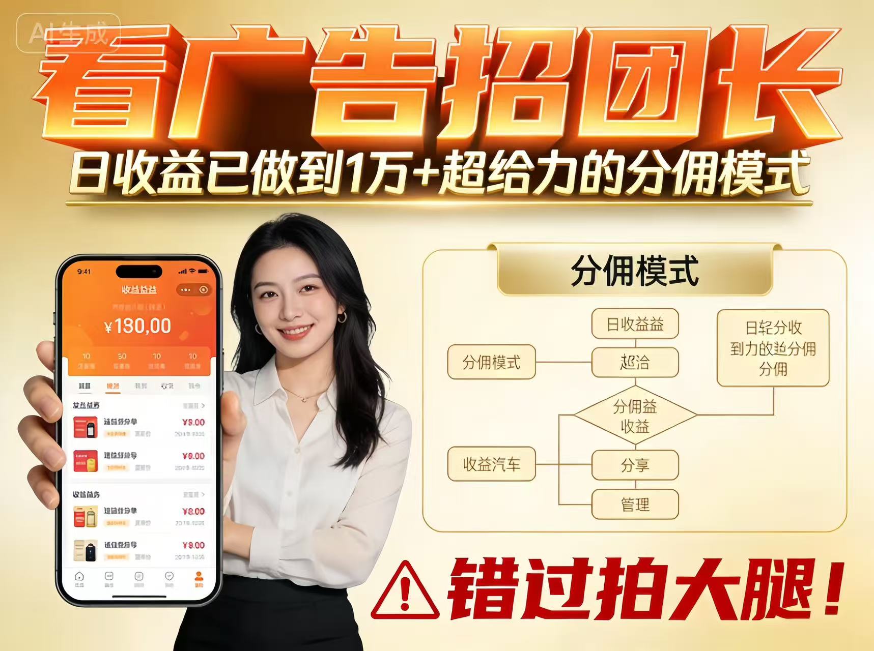 看广告招团长，团队收益已做到日入1万，分佣模式超给力，错过拍大腿-网创猫