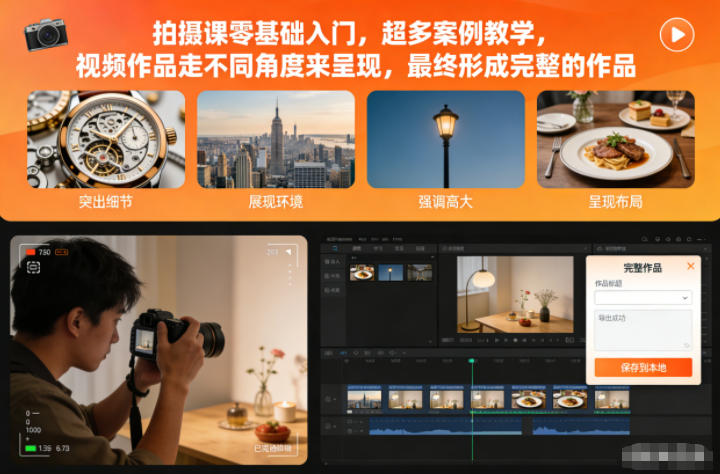 拍摄课零基础入门，超多案例教学，视频作品走不同角度来呈现，最终形成完整的作品-网创猫