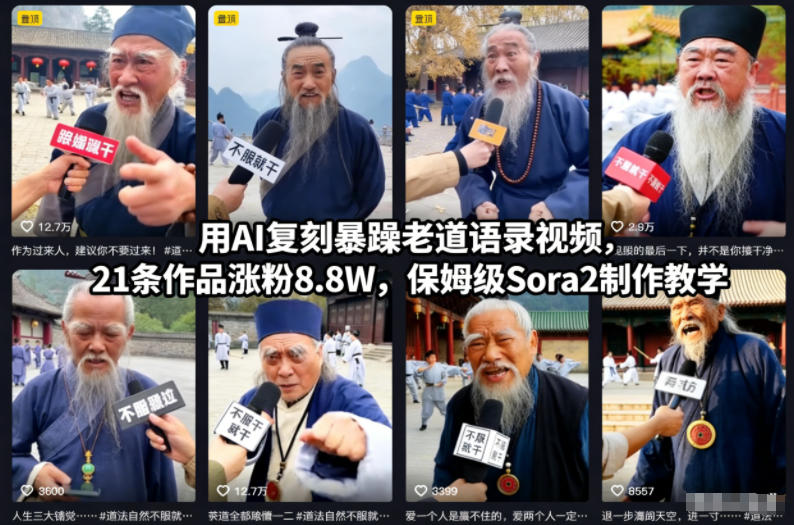 用AI复刻暴躁老道语录视频，21条作品涨粉8.8W，保姆级Sora2制作教学-网创猫