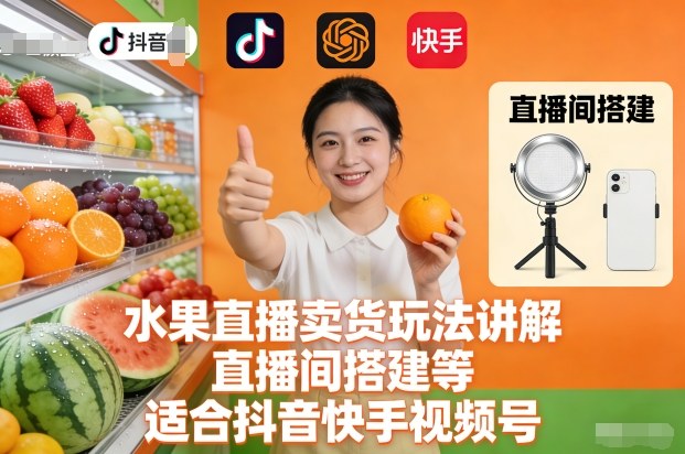 水果直播卖货玩法讲解、直播间搭建等，适合抖音快手视频号-网创猫