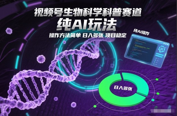 视频号生物科学科普赛道，纯AI玩法，操作方法简单，日入多张，项目稳定-网创猫