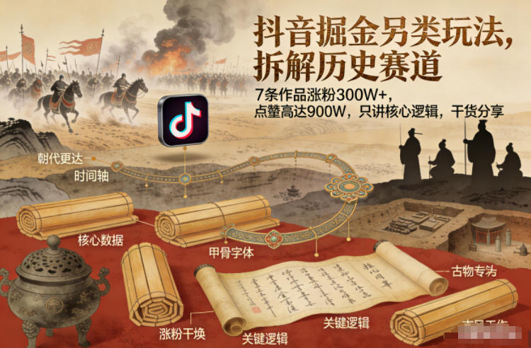 抖音掘金另类玩法，拆解历史赛道，7条作品涨粉300W+，点赞量高达900W，只讲核心逻辑，干货分享-网创猫