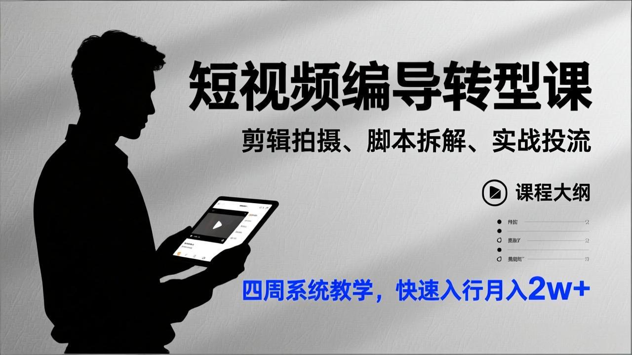 短视频编导转型课，剪辑拍摄、脚本拆解、实战投流，四周系统教学，快速入行月入2w+-网创猫