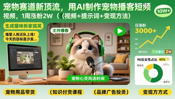 宠物赛道新顶流，用AI制作宠物播客短视频，1周涨粉2W（视频+提示词+变现方法）-网创猫