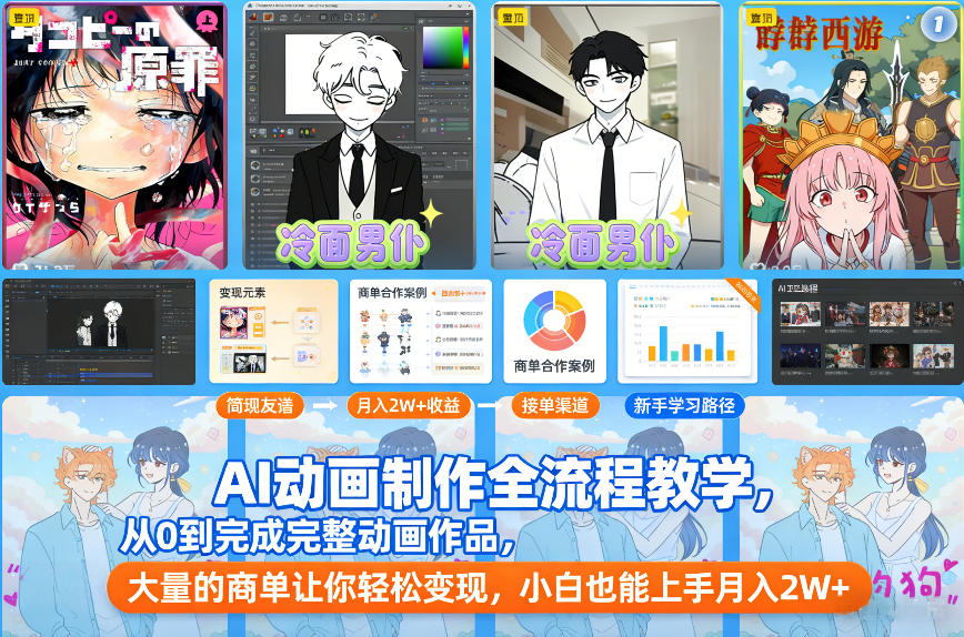 AI动画制作全流程教学，从0到完成完整动画作品，大量的商单让你轻松变现，小白也能上手月入2W+-网创猫