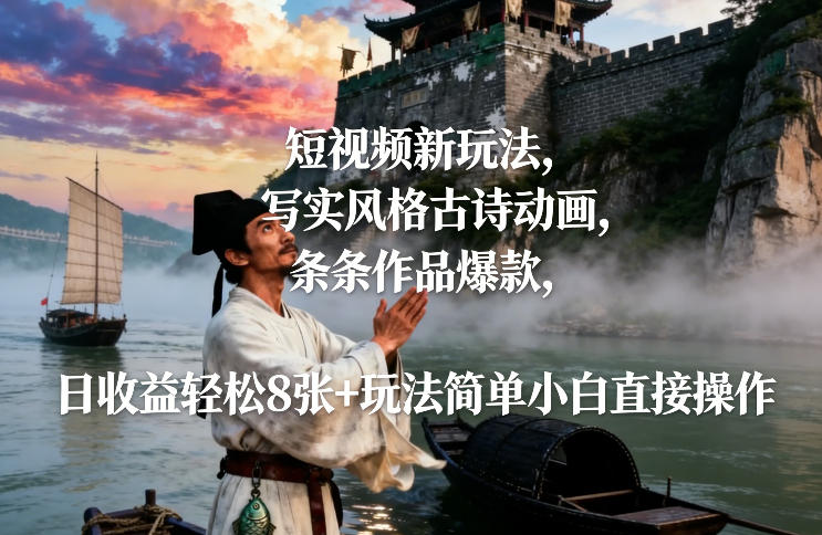 短视频新玩法，写实风格古诗动画，条条作品爆款，日收益轻松8张+玩法简单小白直接操作-网创猫